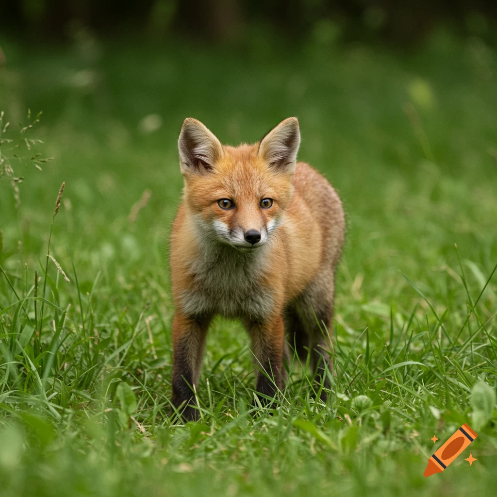 A young fox stands in tall green grass.