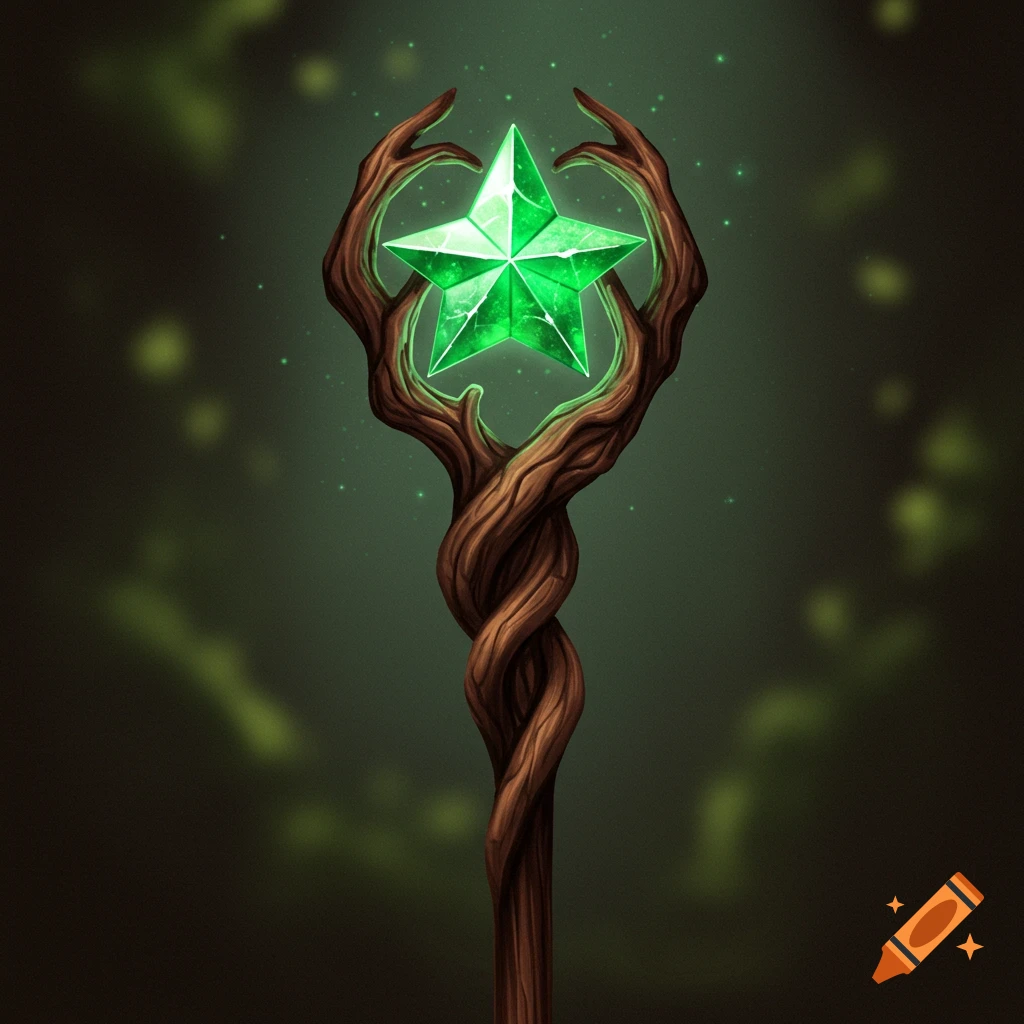 A wooden staff with a glowing green star jewel tip