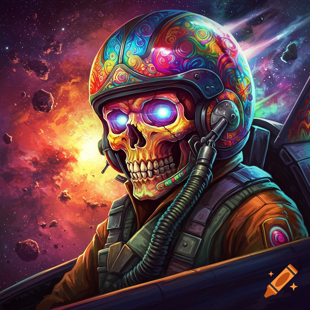 A trippy, colorful skull wearing a pilot helmet in space with asteroids.