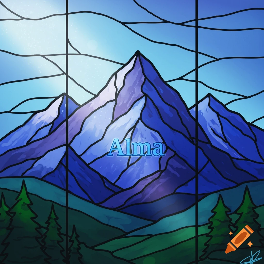 Stained glass mountain landscape with trees and the name Alma