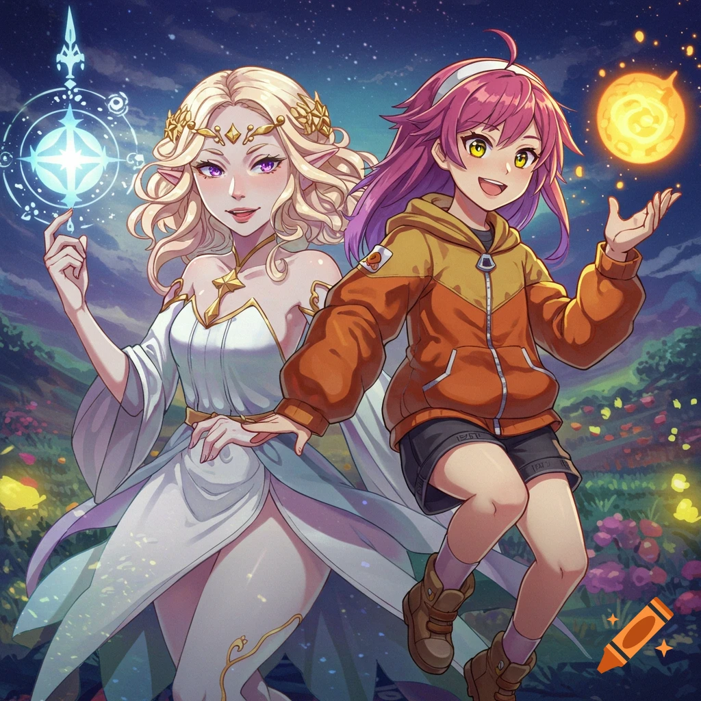 Anime style image of two characters: an elf-like person in white with magic and a pink-haired person in a hoodie with an orb.