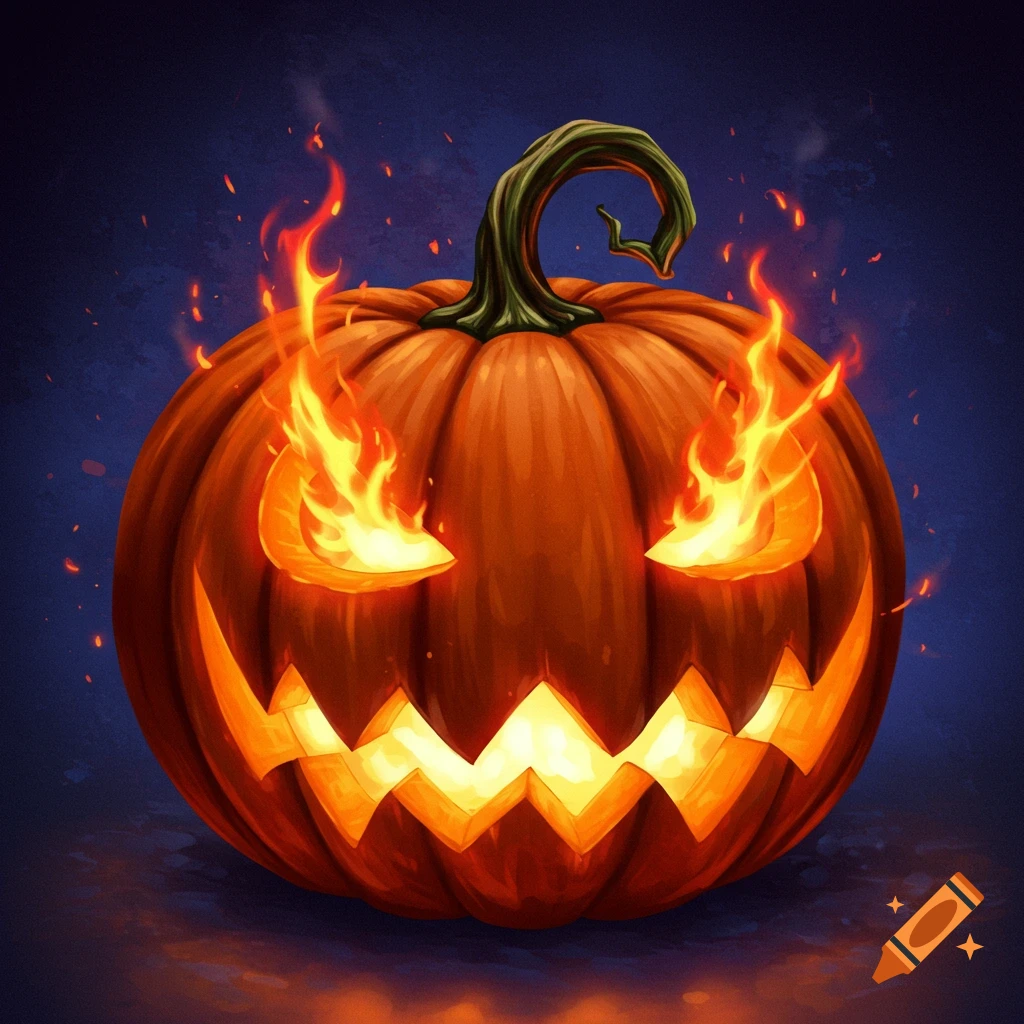 A flaming jack-o'-lantern pumpkin against a dark blue background.