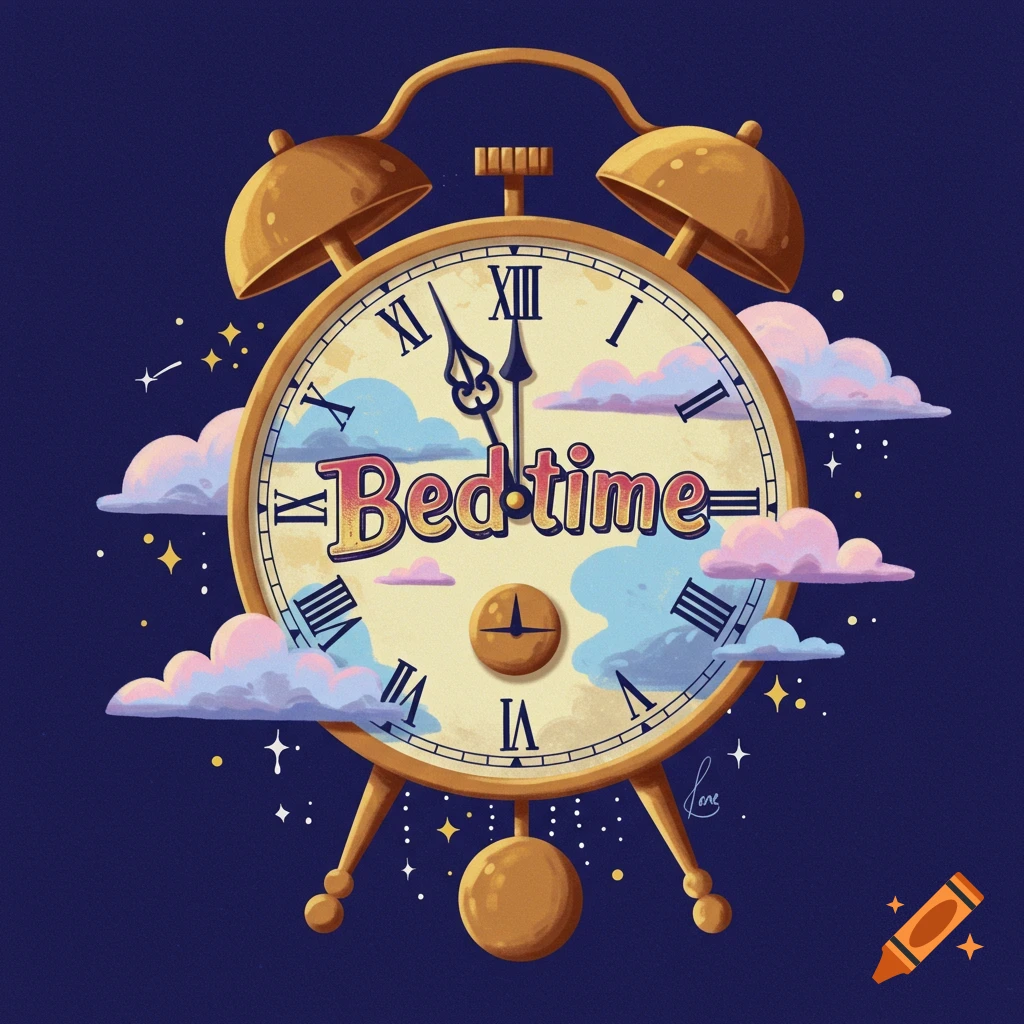 A golden alarm clock sits nestled among clouds and stars. The clock face displays the word 'Bedtime'.