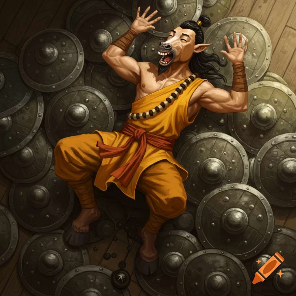 A horse-headed monk figure lies on a pile of shields, arms raised in surprise.