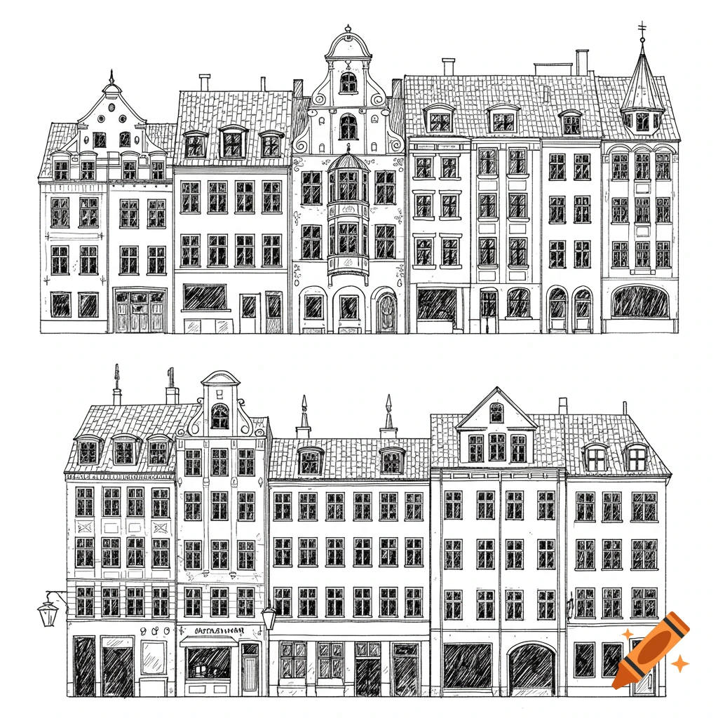 Detailed black and white line drawing of two rows of European-style buildings.
