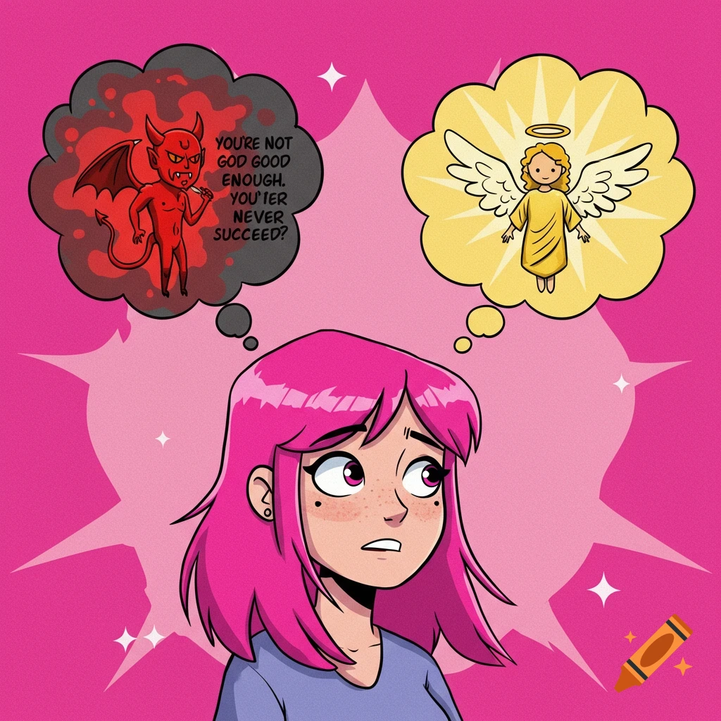 Cartoon of a person with pink hair thinking, with a devil saying negative things in one bubble and an angel in another.