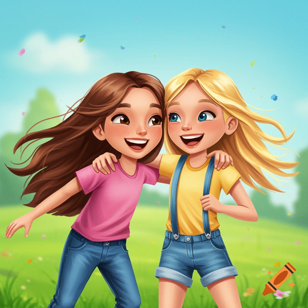 Cartoon of two young girls, friends, playing in a sunny field.