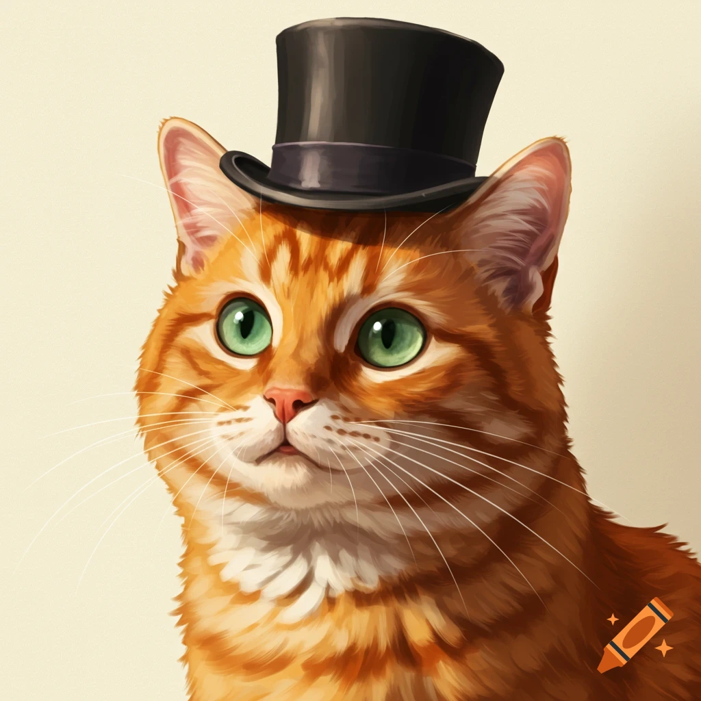 An orange cat wearing a black top hat.