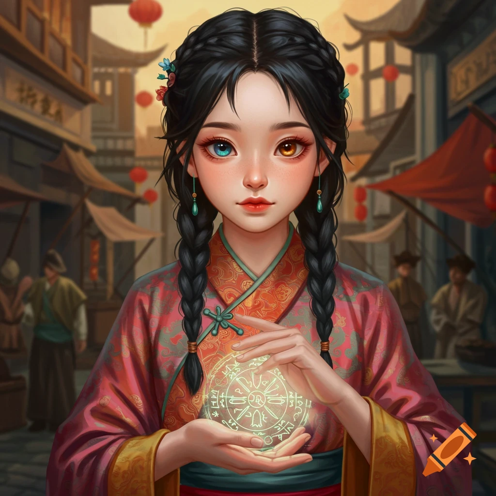 A young woman with heterochromia eyes is in traditional clothing holding a glowing magical orb in a marketplace.
