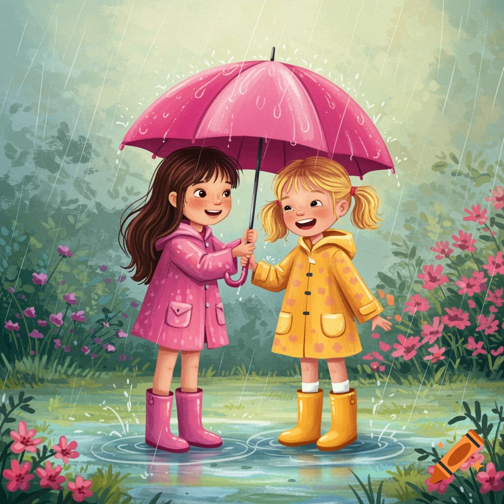 Two smiling girls in raincoats share a pink umbrella in the rain, splashing in puddles.