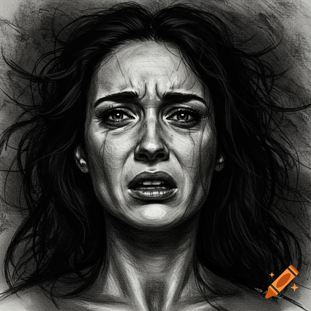 Charcoal sketch portrait of a woman crying with a distressed expression.