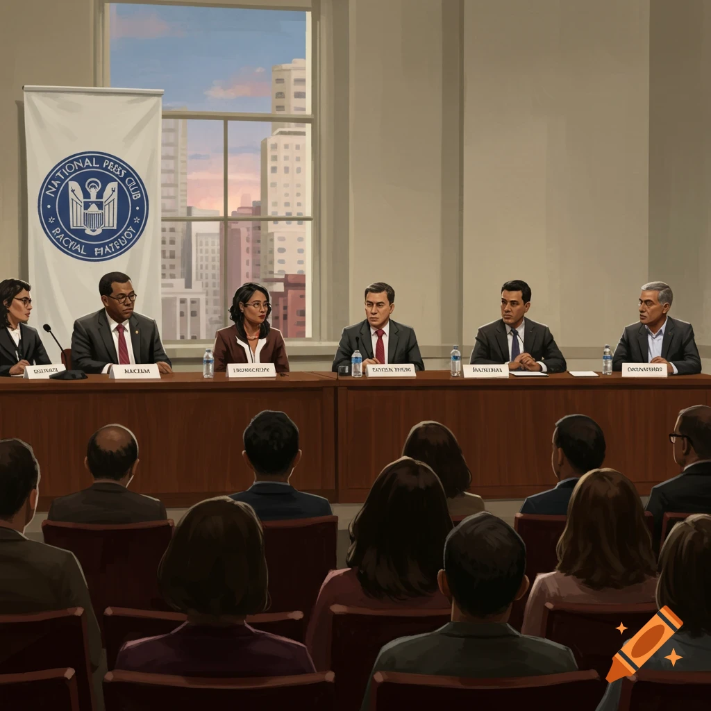 A panel discussion with multiple speakers seated at a long table in a room overlooking a city.