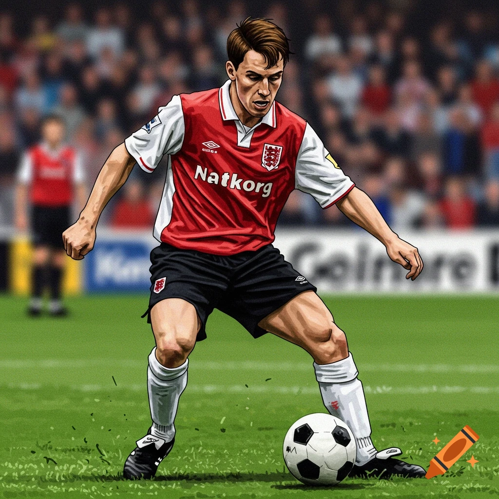 A British man with a combover playing soccer in a red and white kit.