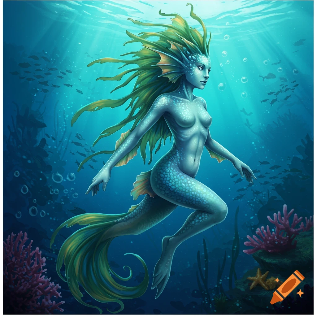 A humanoid seahorse creature swims underwater, surrounded by fish and coral.