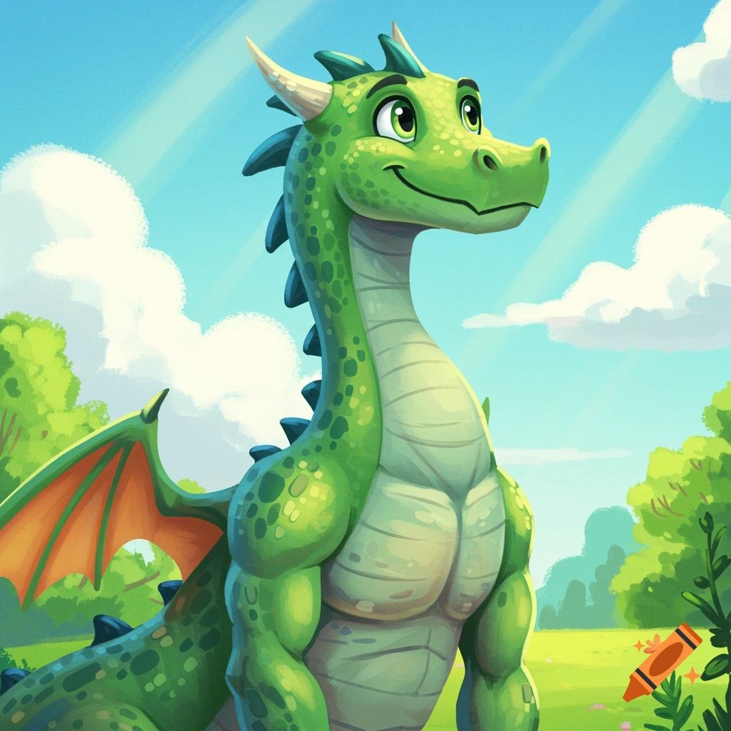 Cartoon green dragon in a sunny landscape
