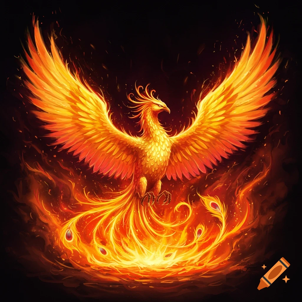 A fiery phoenix creature with wings spread wide, rising from flames.