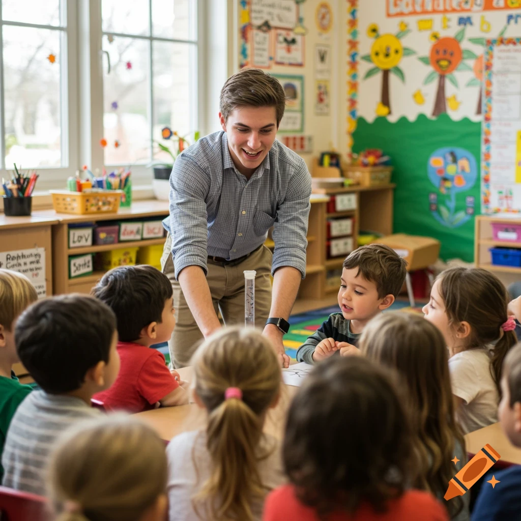 Photorealistic photo of a teacher doing a science demonstration for young children in a bright classroom.