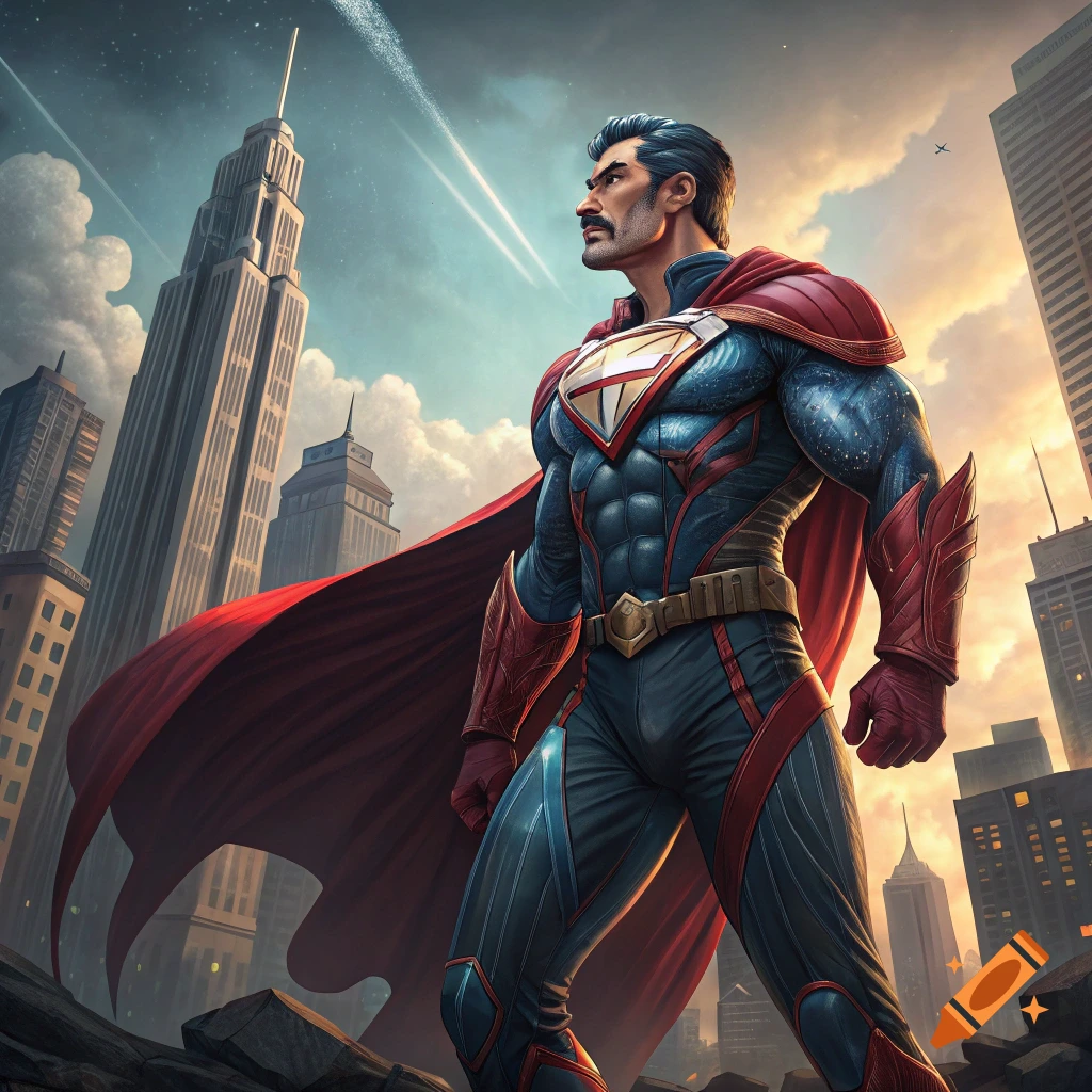 A powerful man in a red and blue superhero costume and cape stands in a city looking towards the sky.