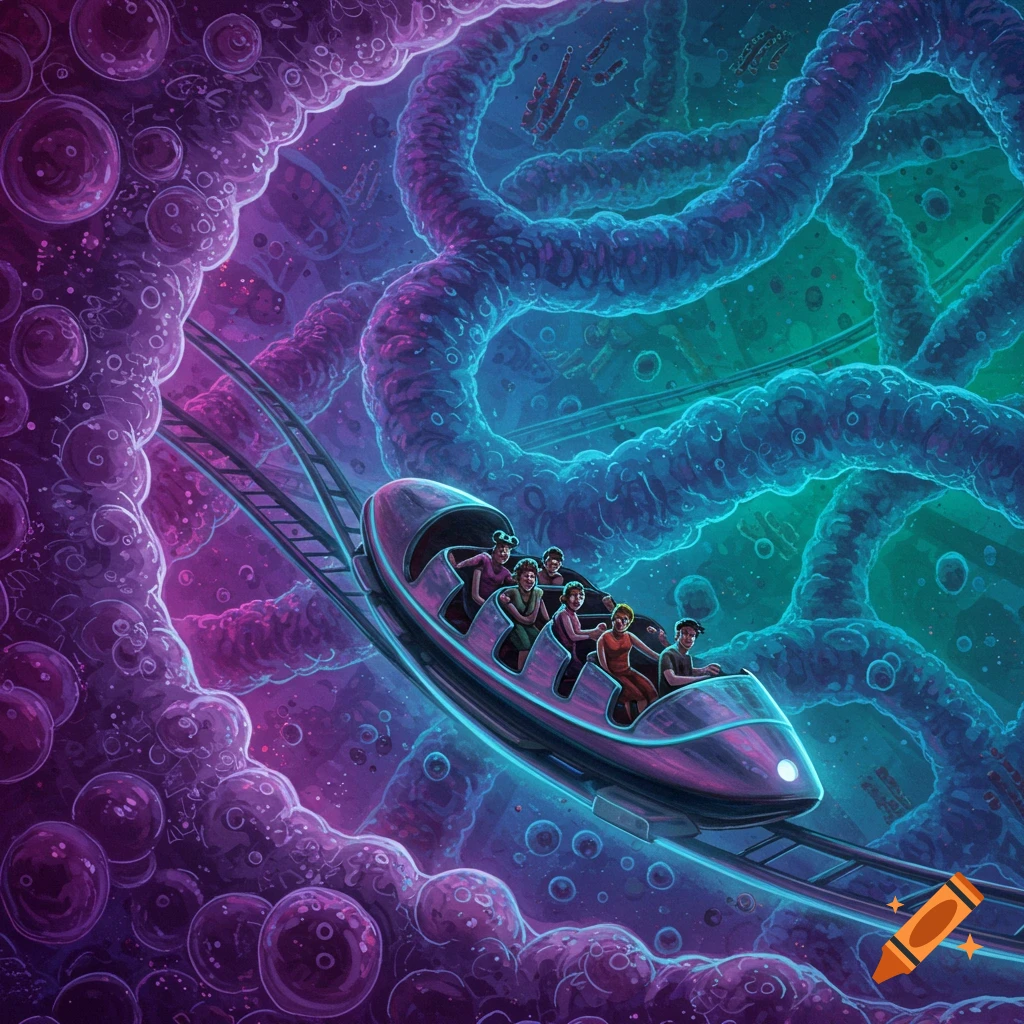 A rollercoaster car carrying people through a colorful purple and blue abstract biological structure with cell-like elements.