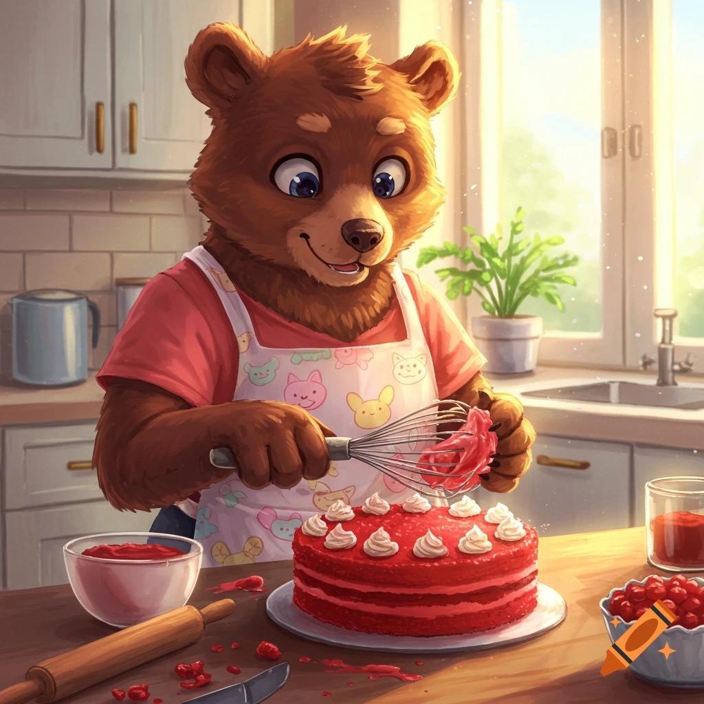 A furry bear baking a red velvet cake in a bright kitchen.