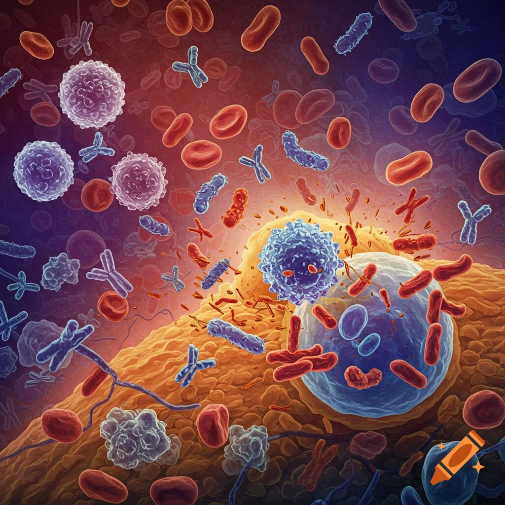 Microscopic view of immune cells, red blood cells, bacteria, and antibodies fighting invaders.