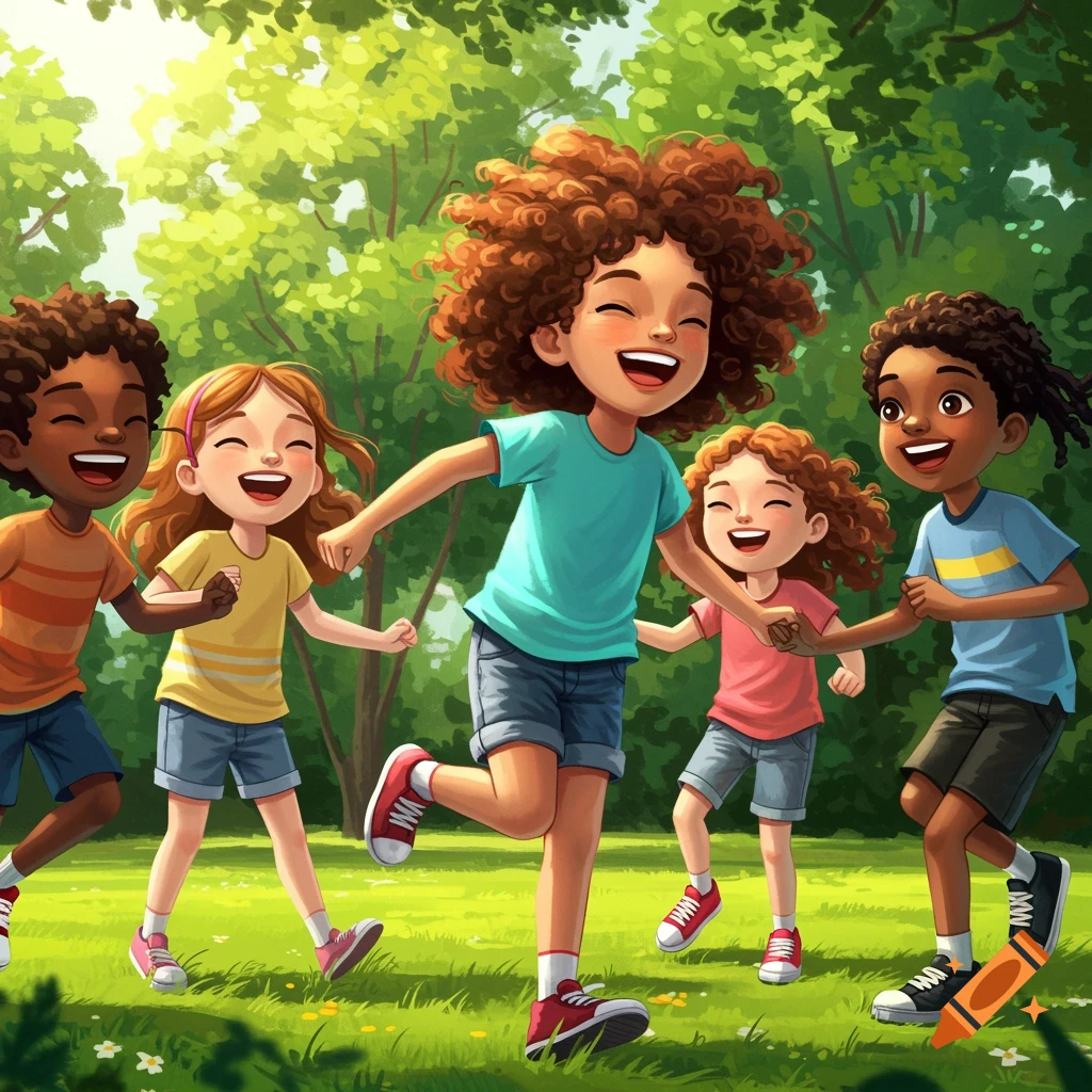 Five diverse children laughing and playing tag in a sunny park.