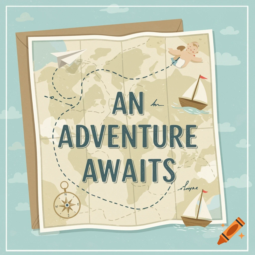 Illustrated map with text 'An Adventure Awaits', paper plane, boats, and cherub.
