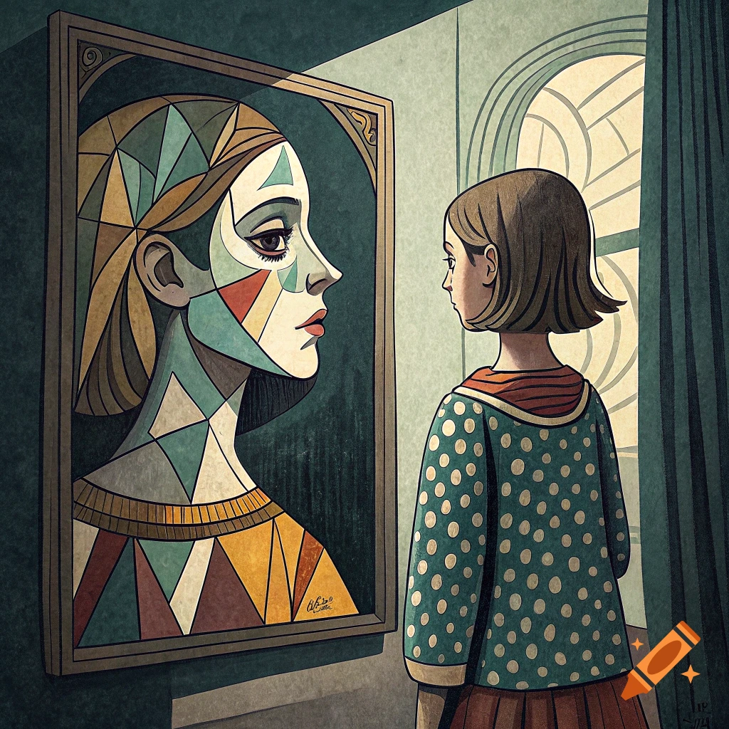 Young girl looks at a cubist-style portrait of a woman in a painting.