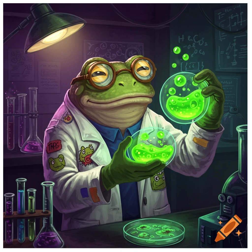 Painting of a frog scientist in a lab holding beakers of glowing green liquid.