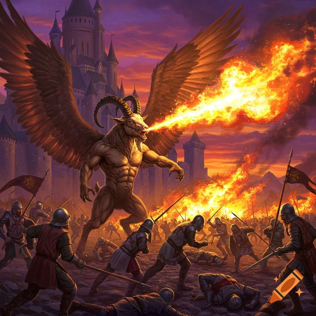 A winged goat-like creature breathes fire on soldiers in a battle in front of a castle.