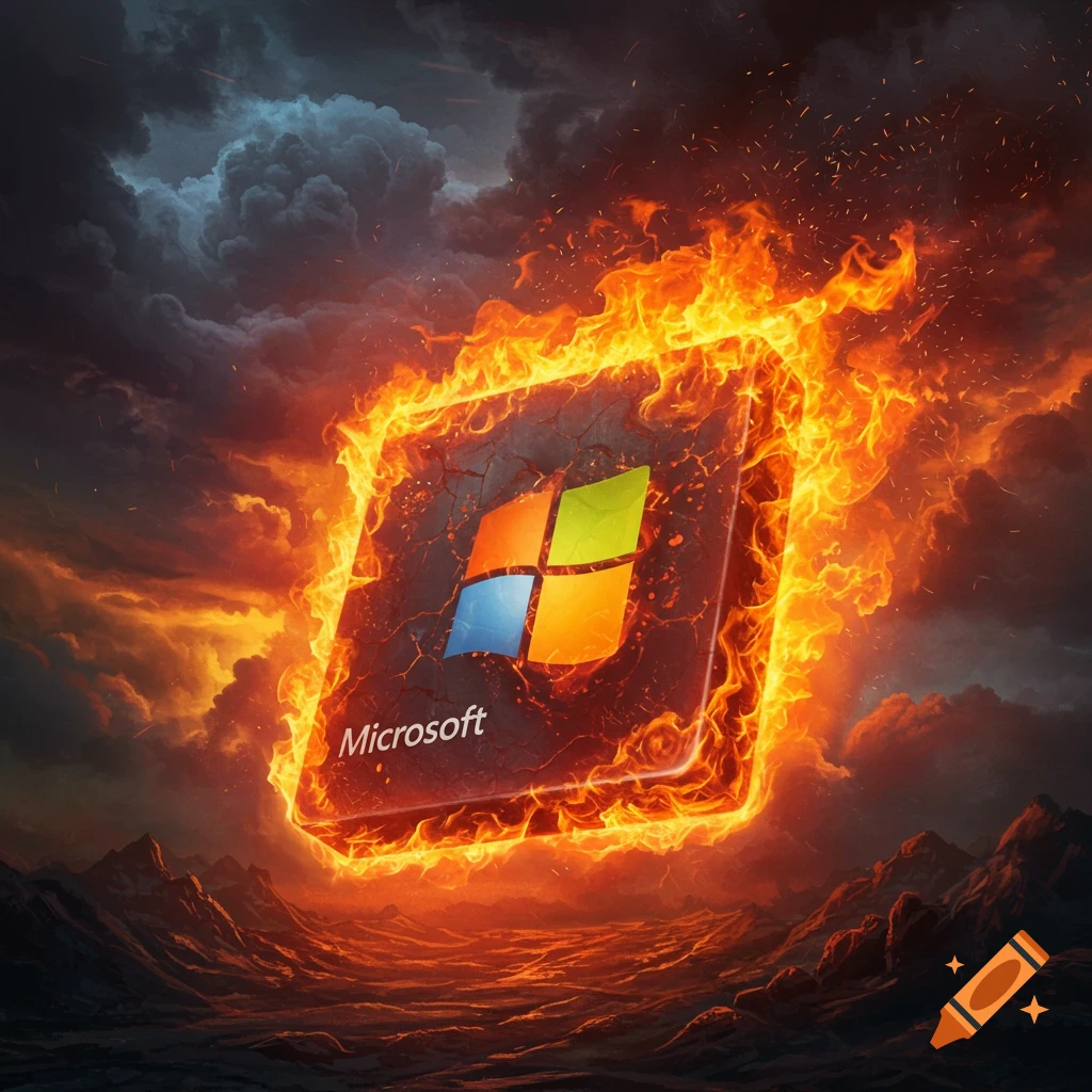 A cracked Windows logo burns in a dark, stormy, fiery landscape.