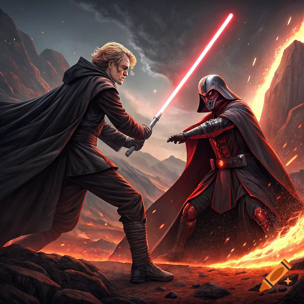 Two figures duel with red and glowing white lightsabers on a volcanic planet surface.