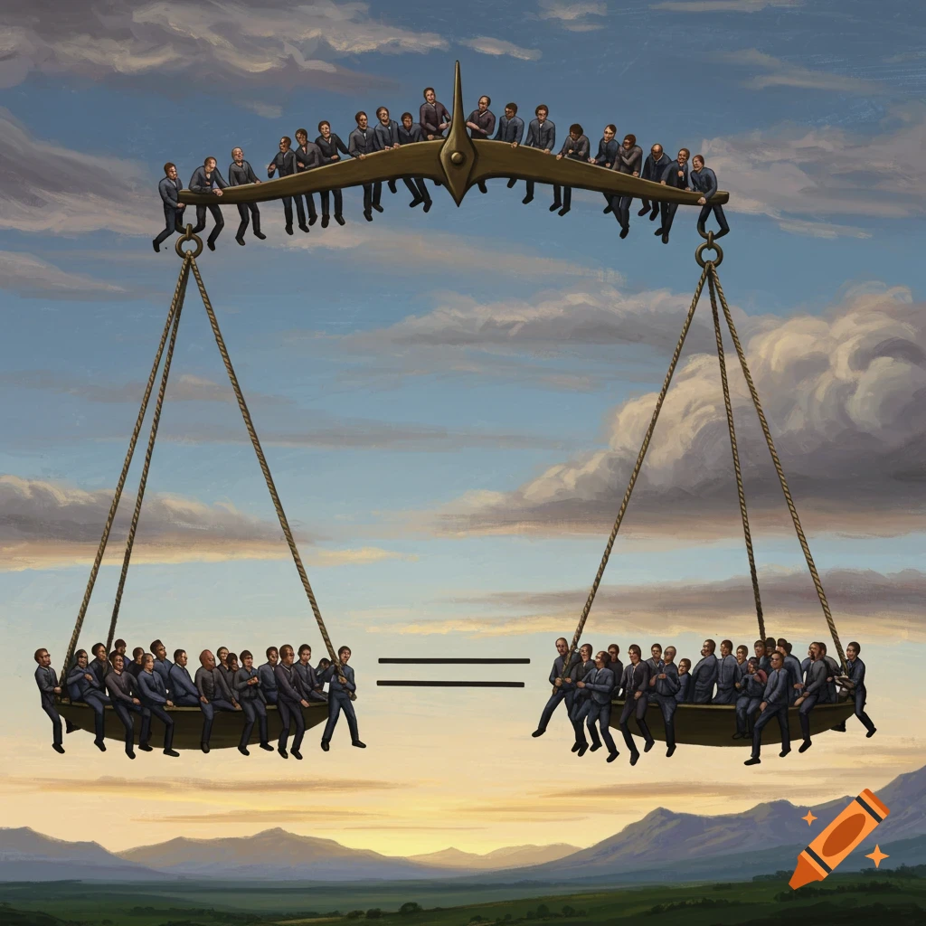 A judicial scale with many people on one side, fewer on the other, balanced with an equals sign.