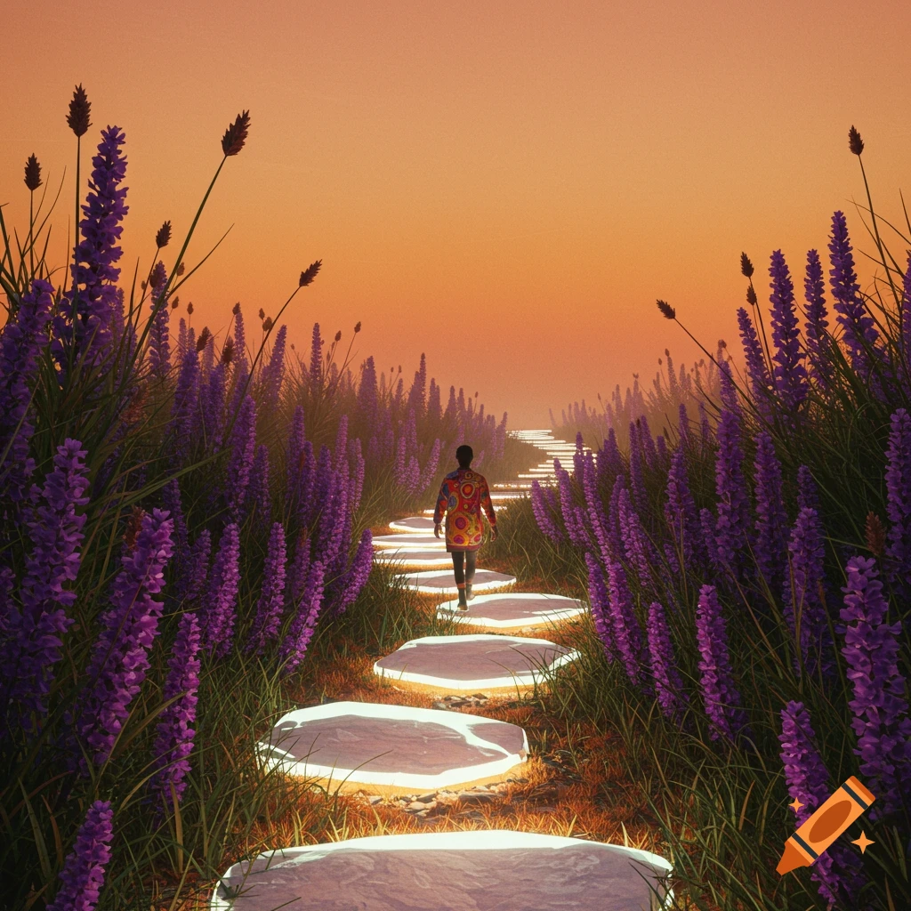 A person walks on a glowing path through a field of purple flowers under an orange sky.