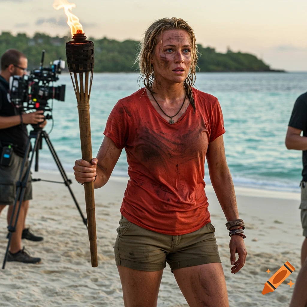 Blond woman covered in dirt holds a flaming torch on a beach, likely on a TV show set.