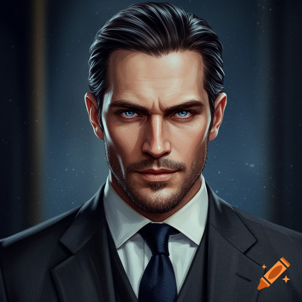 A man with dark hair and ice blue eyes is wearing a suit and tie.