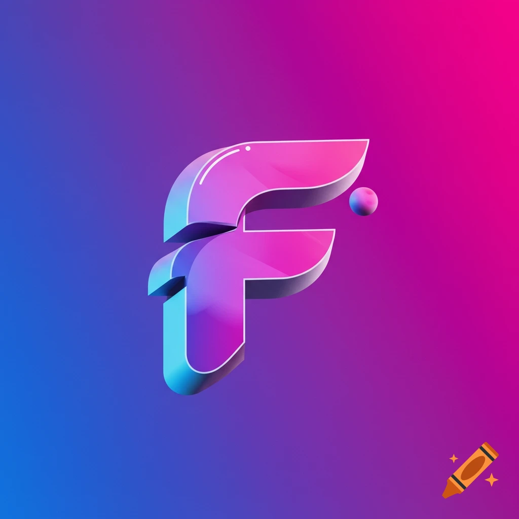 A 3D stylized letter F in purple and blue with a pink sphere.