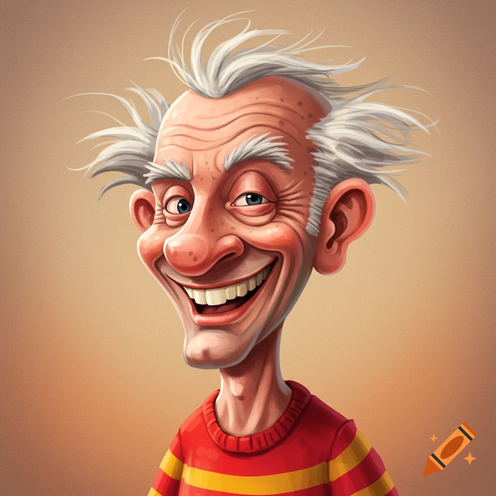 A cartoon old man with white hair, a large smile, and a red and yellow striped shirt.