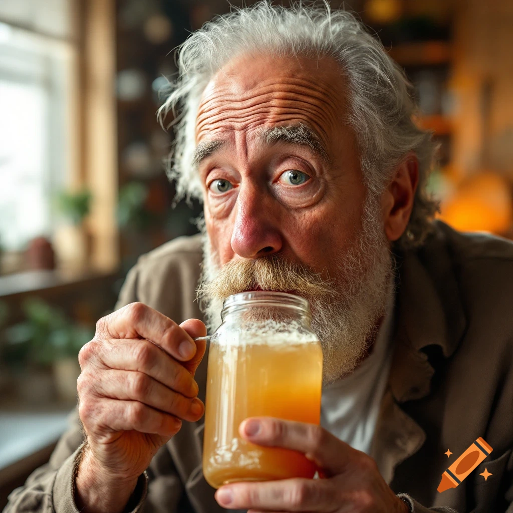 Close-up portrait of an older man with grey hair and beard holding a jar of amber liquid