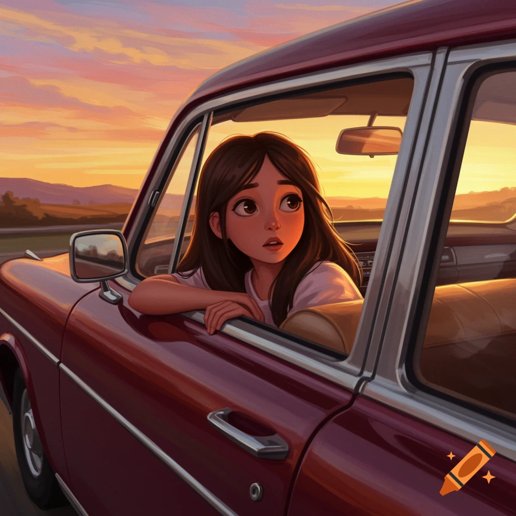 A girl looking out a vintage car window at sunset.