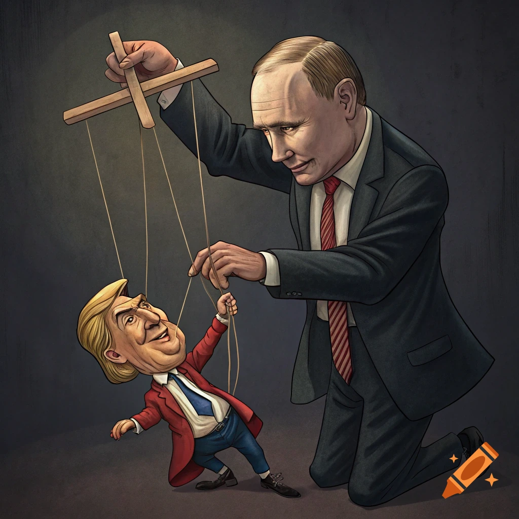 Illustration of Vladimir Putin controlling a Donald Trump puppet marionette.