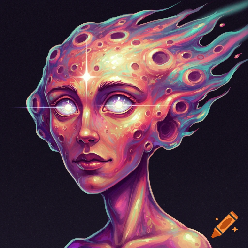 A colorful alien creature with glowing eyes and comet-like features.