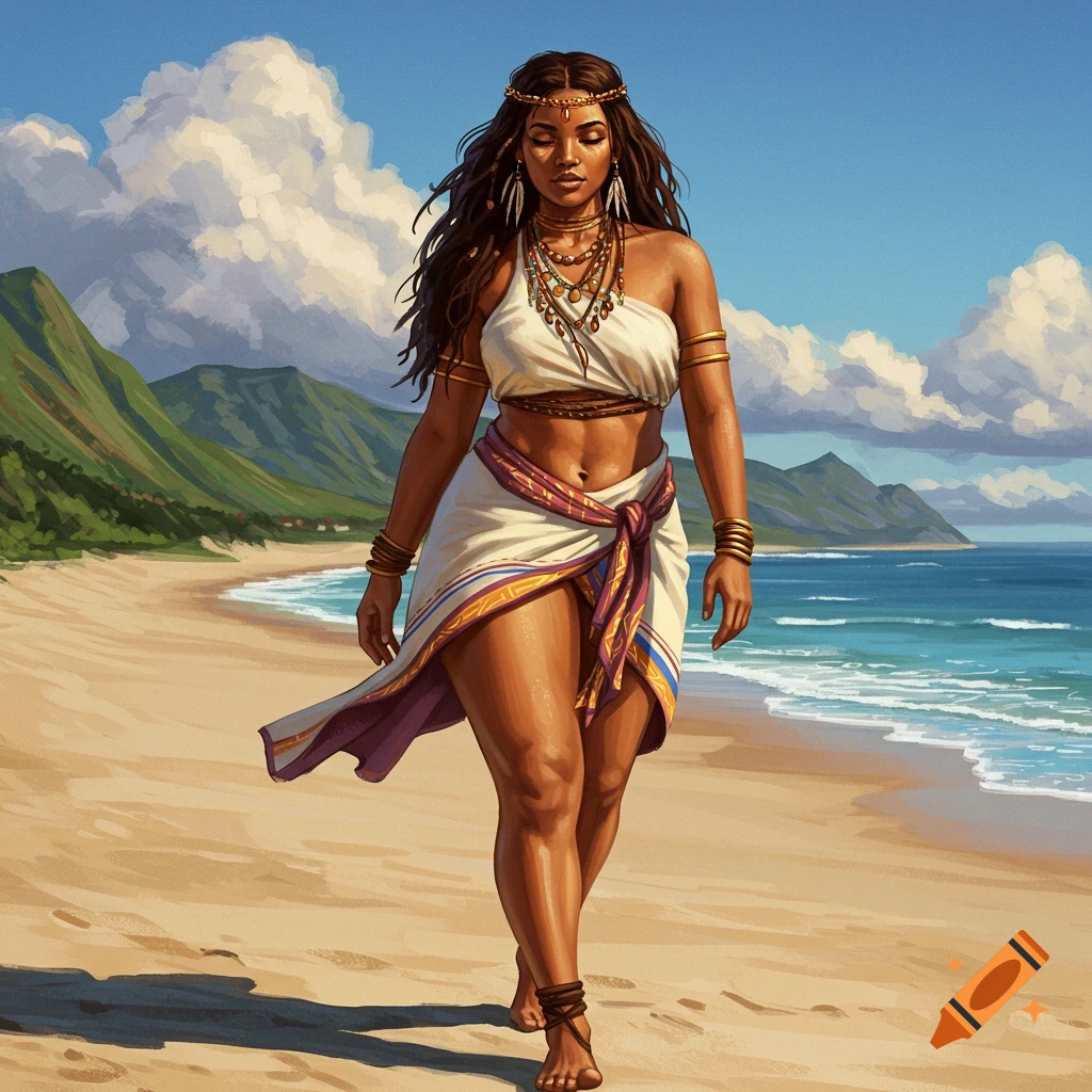 A woman walking on a tropical beach.