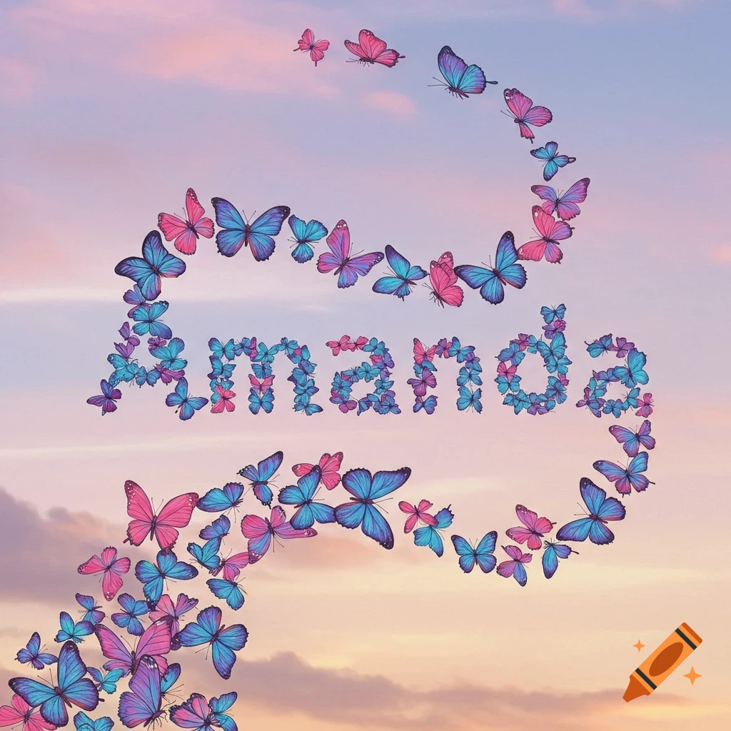 Blue and pink butterflies spelling the name Amanda in a cloudy sky.
