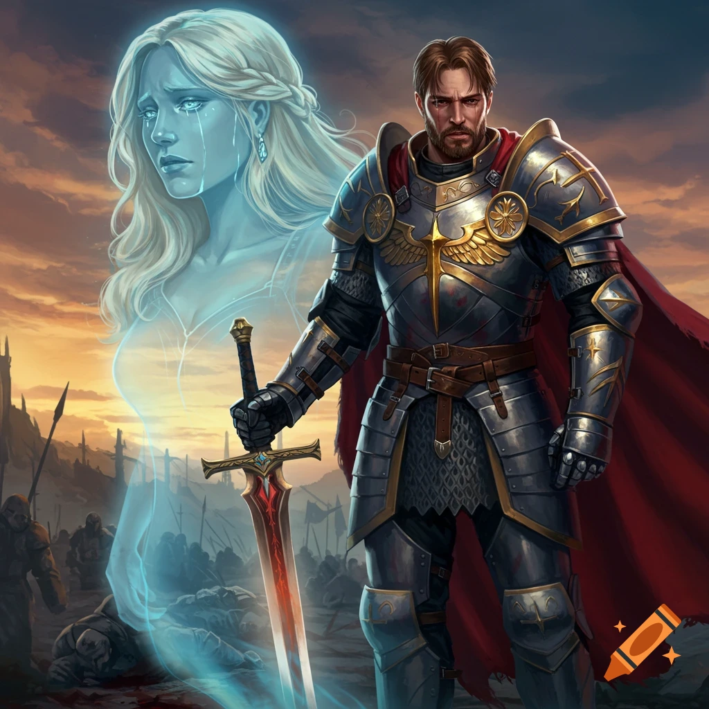 A knight in ornate armor stands on a battlefield with a glowing, weeping ghost woman beside him.