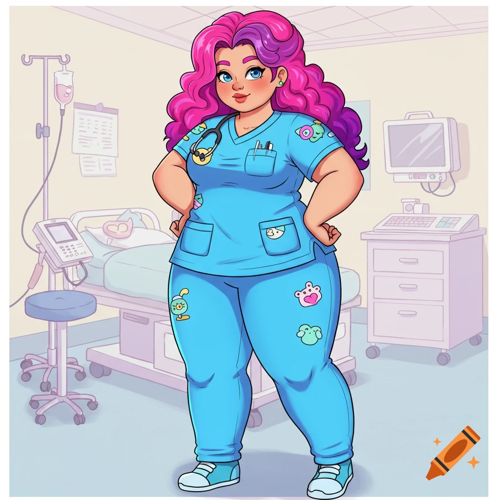 Curvy cartoon woman with pink hair in blue scrubs stands in a hospital room.