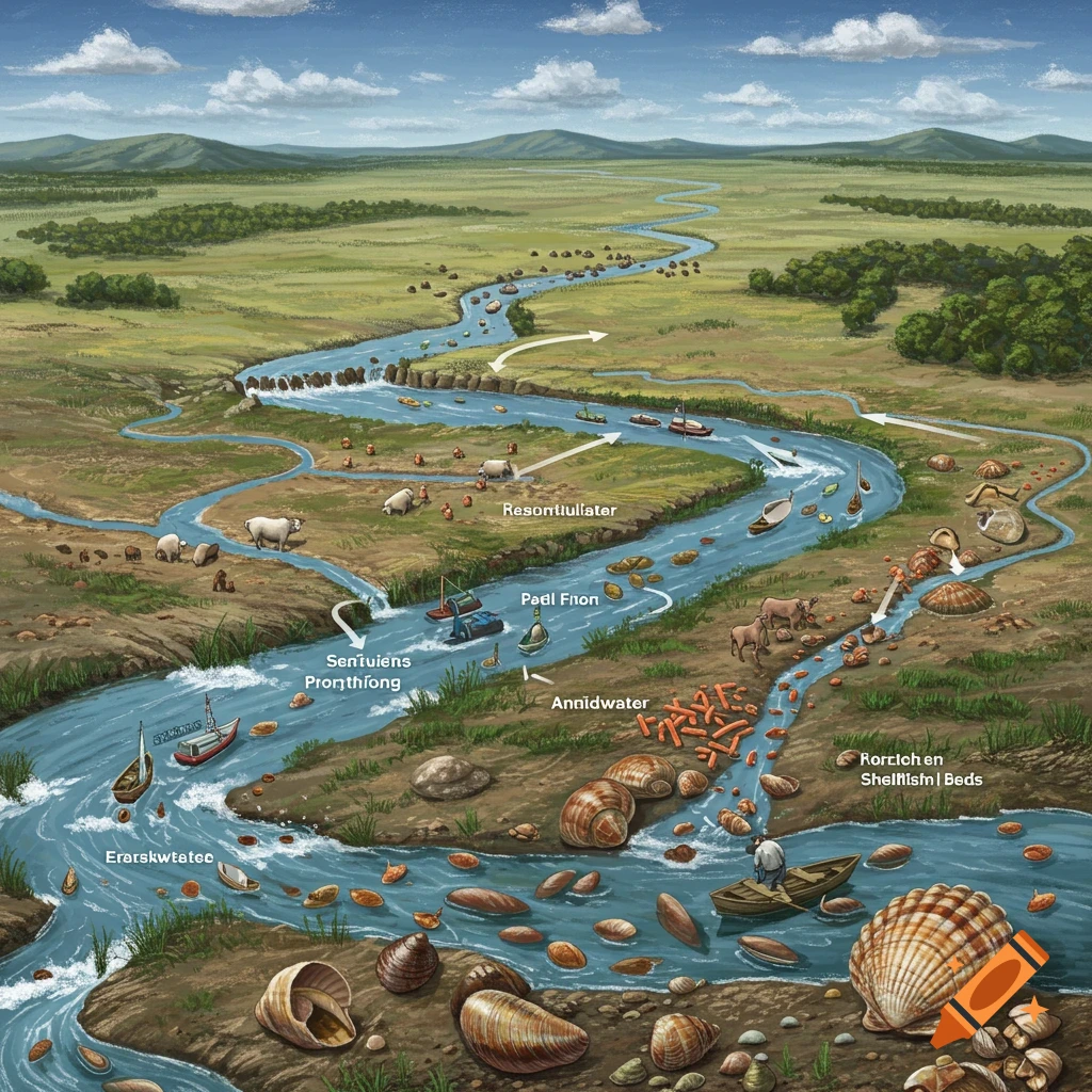 A river flows through a landscape featuring boats, animals, and shells, illustrating water flow and contamination.