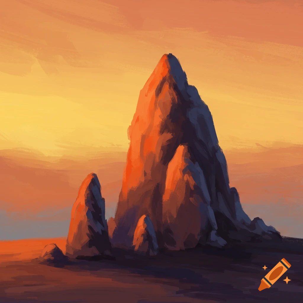 Large rock formations silhouetted against an orange and yellow sunset sky.
