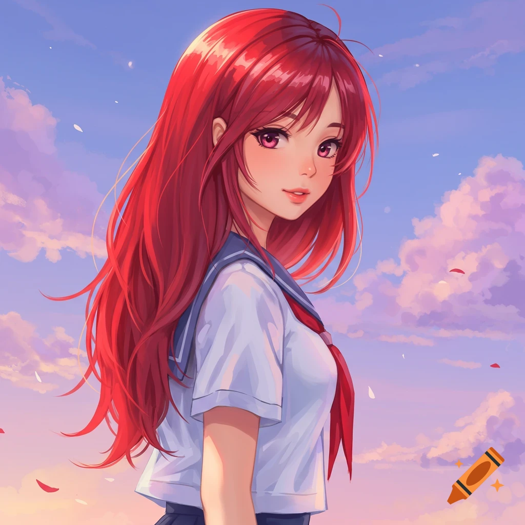 An anime girl with long red hair wears a school uniform against a cloudy sky