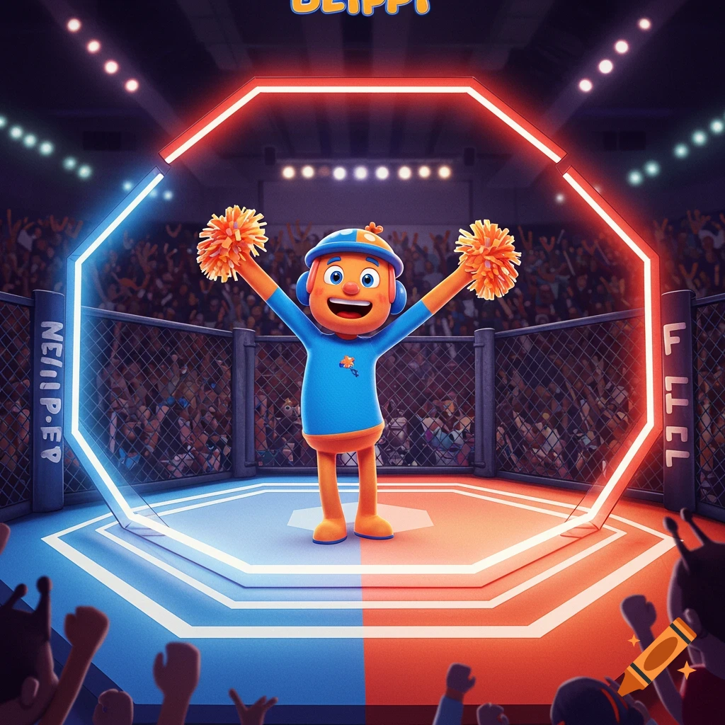 A cartoon character resembling Blippi holds pom-poms in an octagon ring.